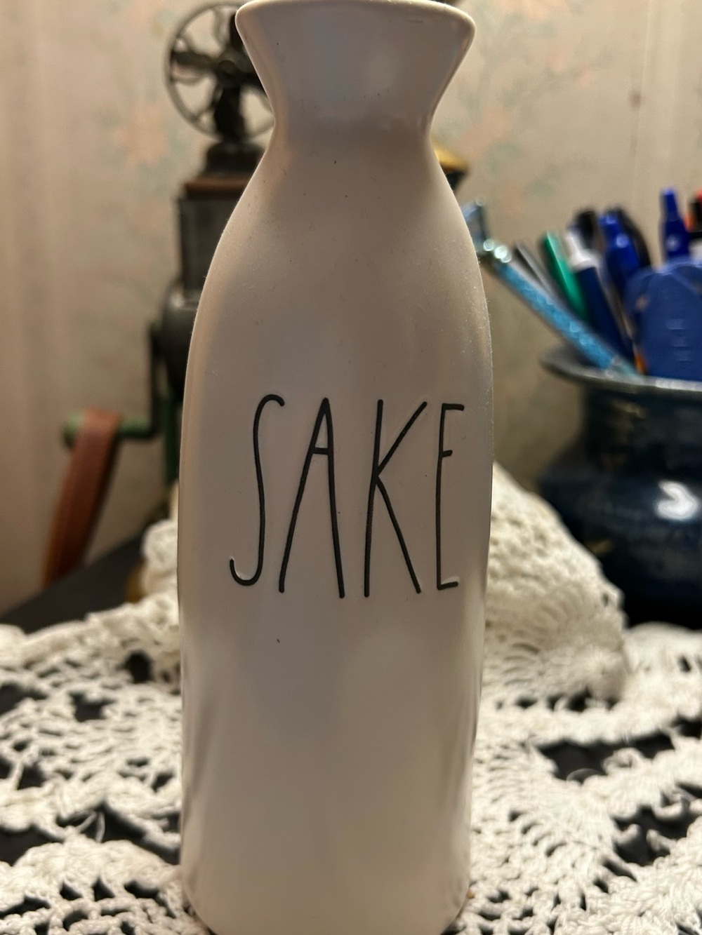 Rae Dunn SAKE Ceramic Accent Vase in White with Black Lettering